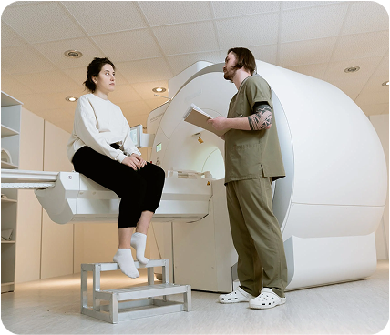 A healthcare professional with a patient in the lab